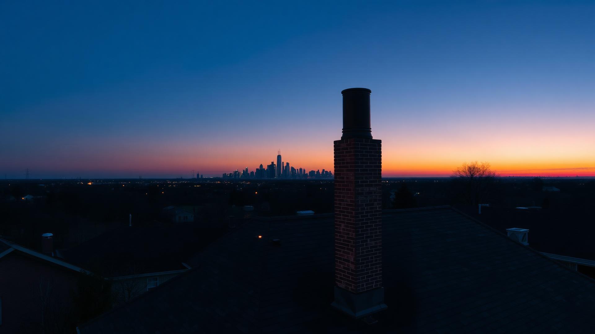 Brick chimney on a Chicago area rooftop at dusk with the city skyline
